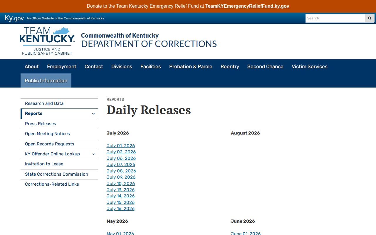 Kentucky DOC archive for Breathitt County released inmate records